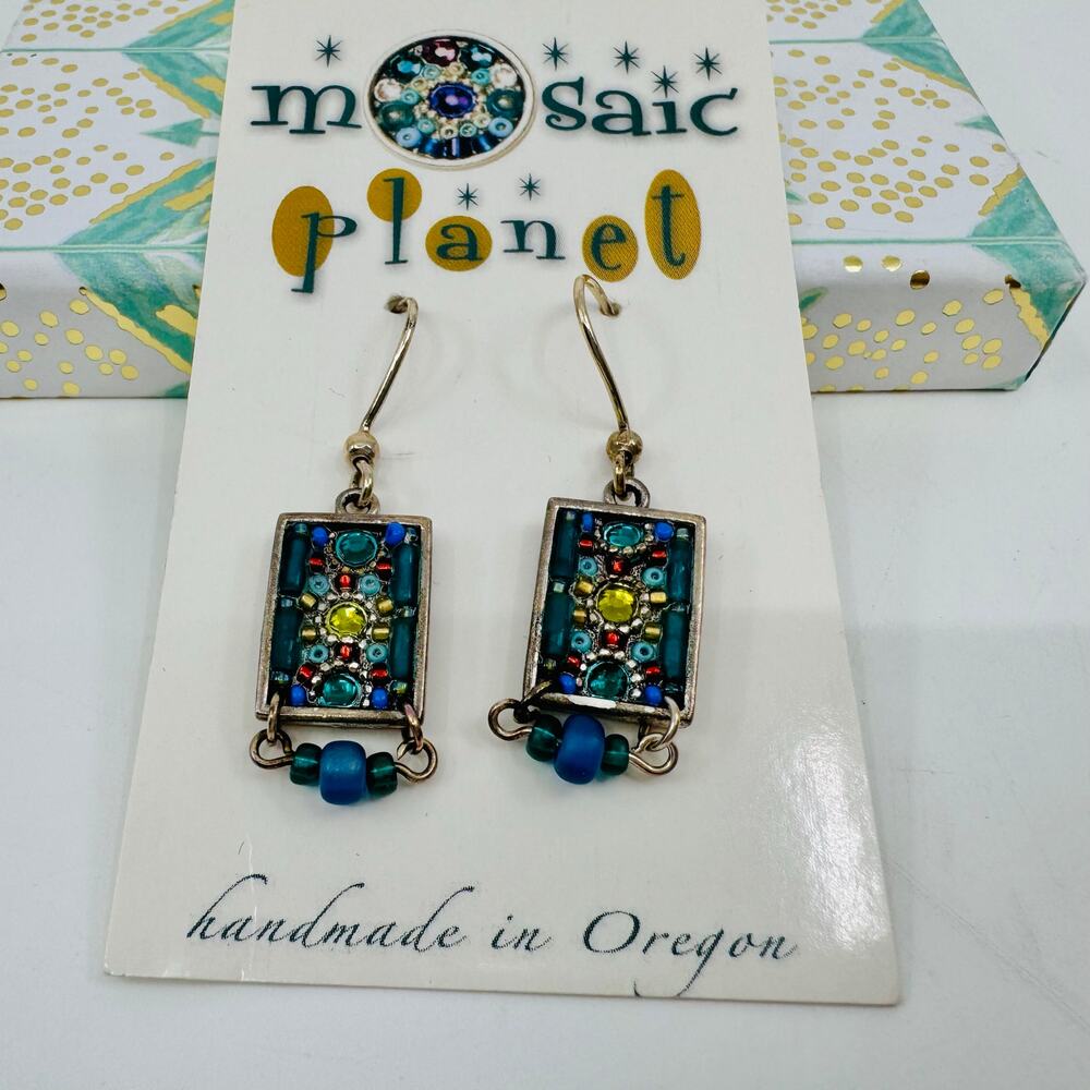 Mosaic Planet Geometric Rectangle Hook Drop Dangle Earrings Beaded Multicolor OS